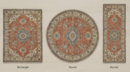 Hand knotted Oushak rug with vintage terracotta and blue medallion design in wool for living room or bedroom