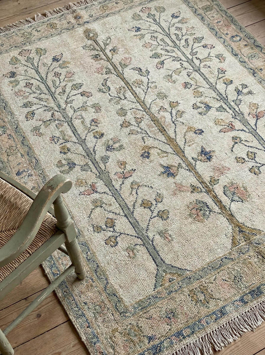 Hand knotted Oushak rug with Tree of Life and Cypress design in muted beige, green, and blue wool, vintage Turkish style runner for farmhouse decor
