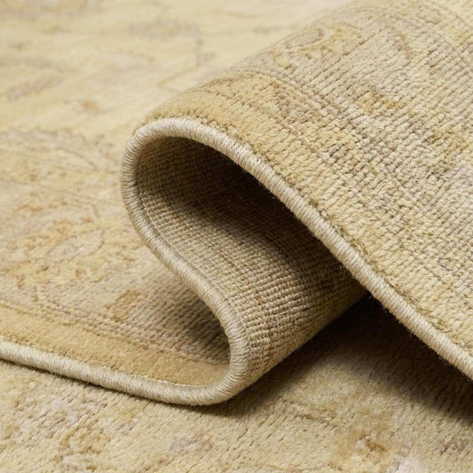 Close-up of hand knotted wool pile showing dense knots, natural fibers, and subtle vintage tonal variation __etsy:7708584724
