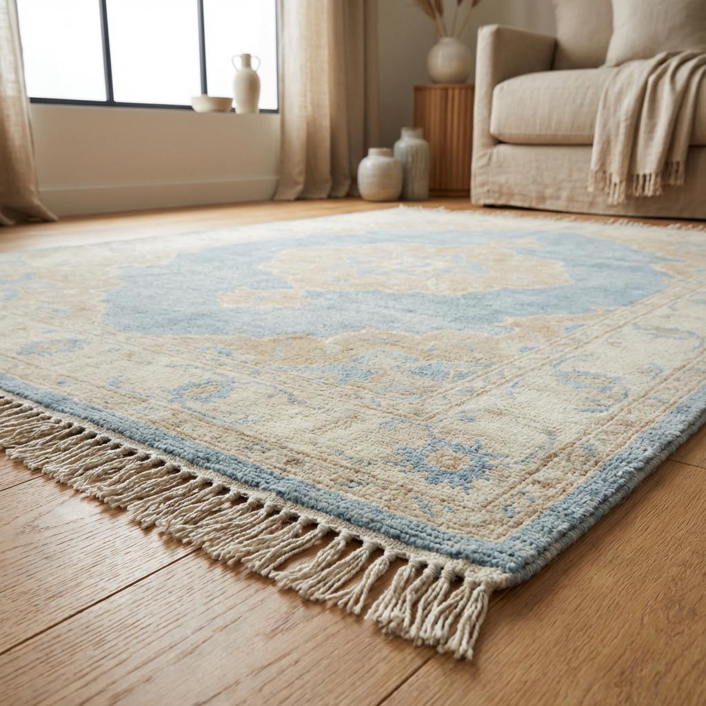 Hand Knotted Oushak Rug 8x10 Blue Wool Area Rug, Turkish Style Medallion Carpet, Neutral Living Room Rug, Custom Size Available