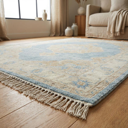 Hand Knotted Oushak Rug 8x10 Blue Wool Area Rug, Turkish Style Medallion Carpet, Neutral Living Room Rug, Custom Size Available