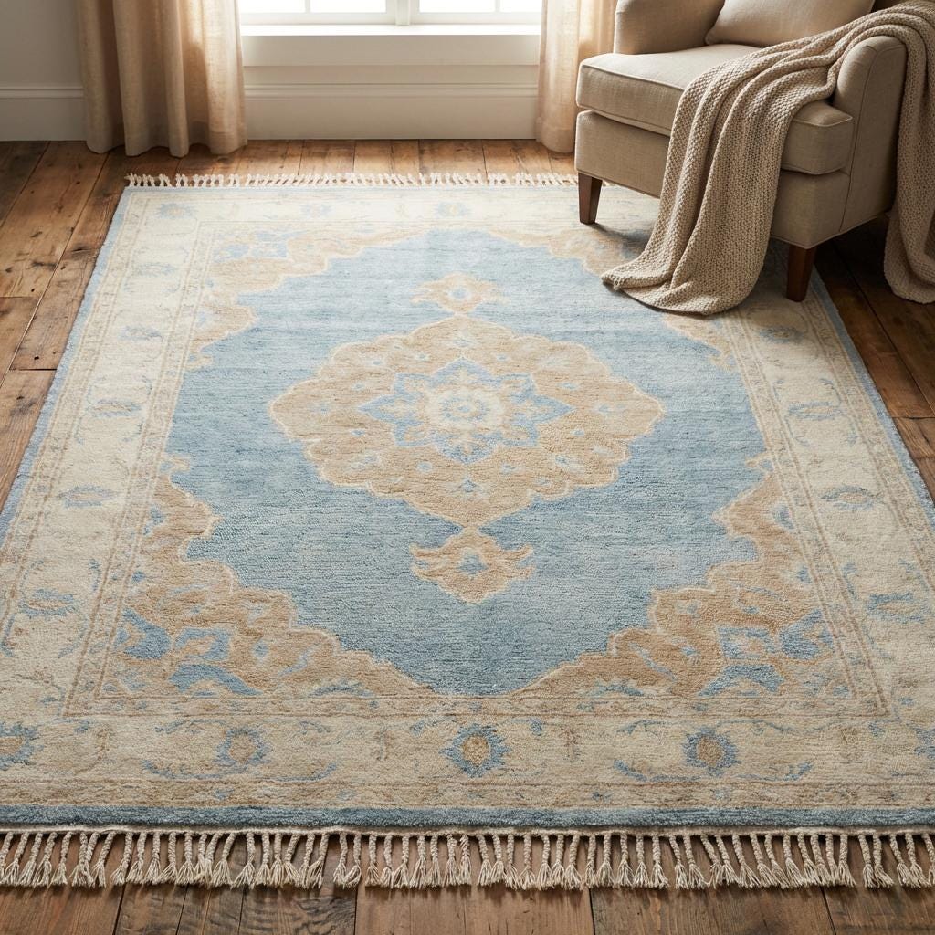 Hand Knotted Oushak Rug 8x10 Blue Wool Area Rug, Turkish Style Medallion Carpet, Neutral Living Room Rug, Custom Size Available