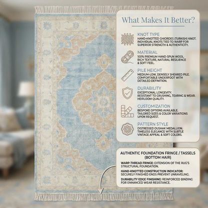 Hand Knotted Oushak Rug 8x10 Blue Wool Area Rug, Turkish Style Medallion Carpet, Neutral Living Room Rug, Custom Size Available