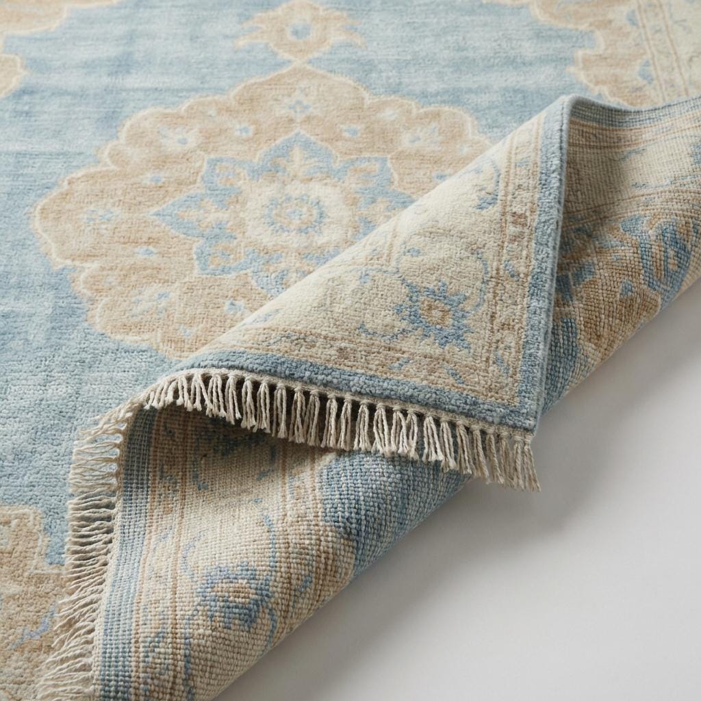 Hand Knotted Oushak Rug 8x10 Blue Wool Area Rug, Turkish Style Medallion Carpet, Neutral Living Room Rug, Custom Size Available