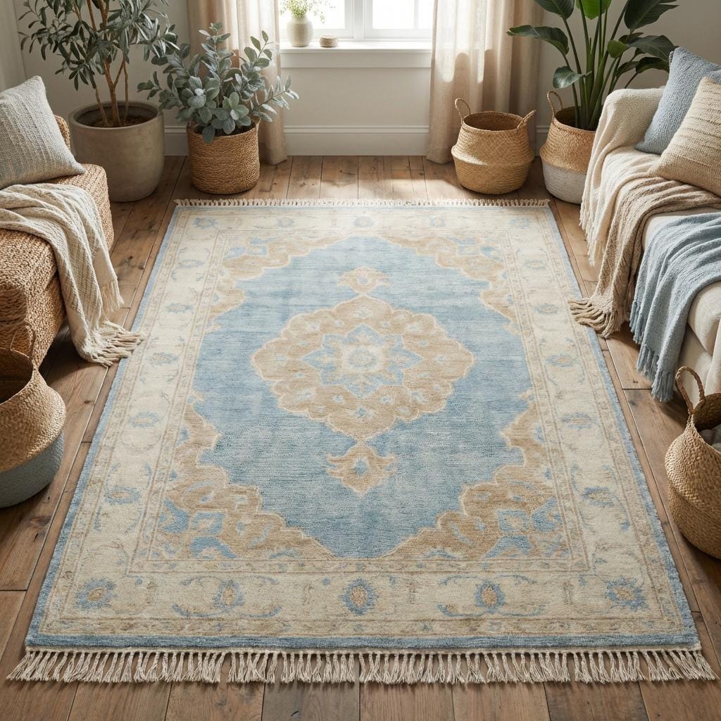Traditional Turkish style hand knotted rug with sky blue field and neutral border ideal for living room décor