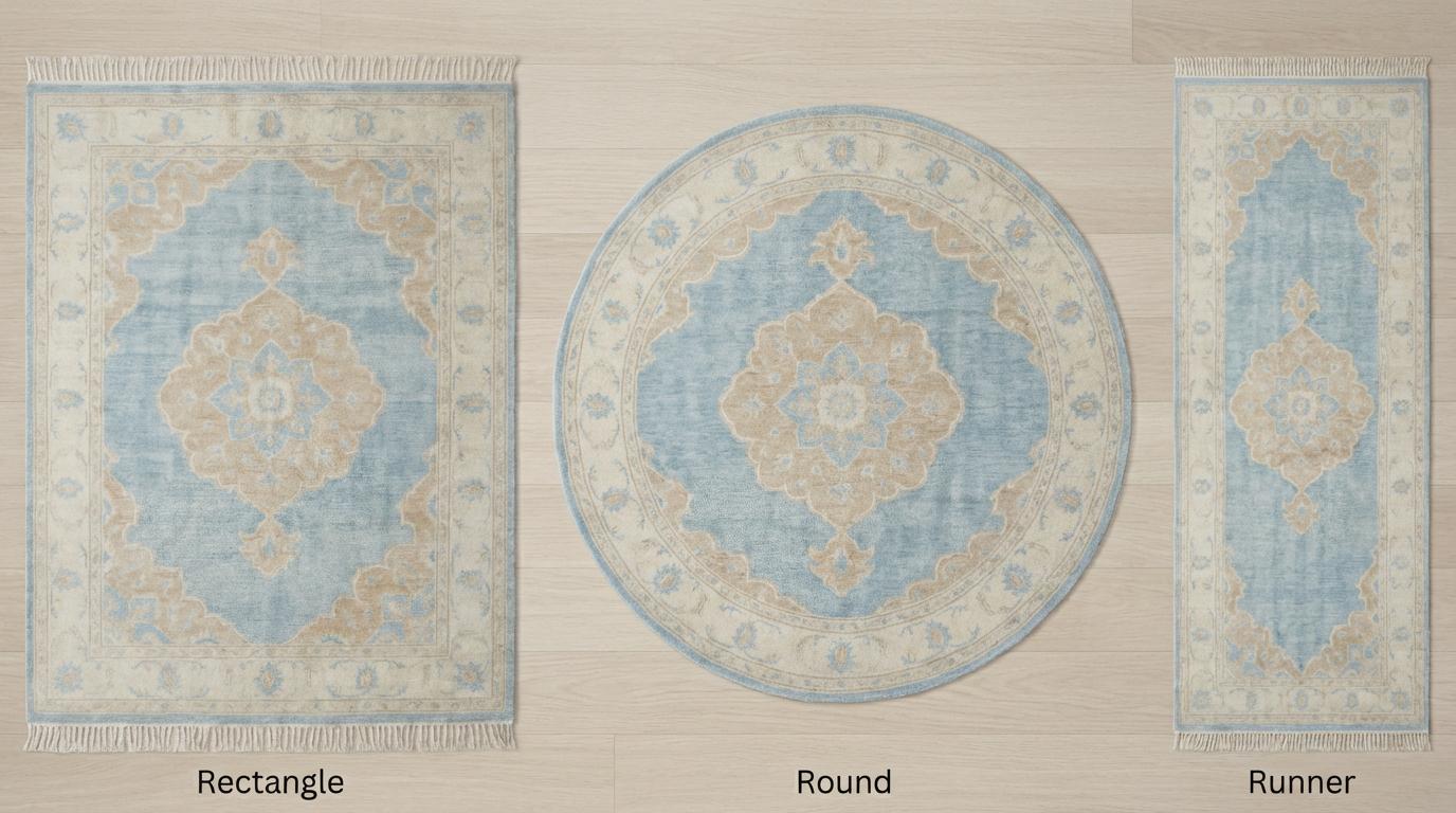 Hand Knotted Oushak Rug 8x10 Blue Wool Area Rug, Turkish Style Medallion Carpet, Neutral Living Room Rug, Custom Size Available