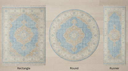 Hand Knotted Oushak Rug 8x10 Blue Wool Area Rug, Turkish Style Medallion Carpet, Neutral Living Room Rug, Custom Size Available