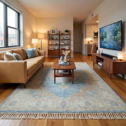 Luxury wool Oushak rug featuring faded pastel blue tones and classic center medallion design