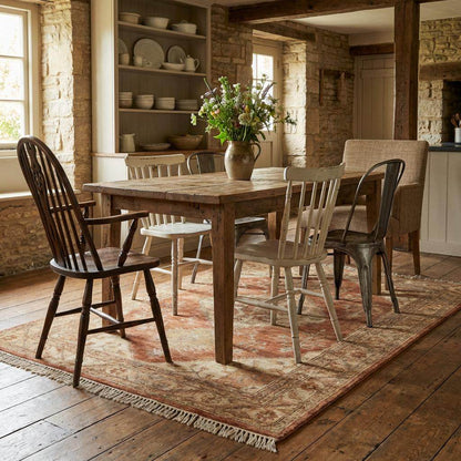 Earth tone 8x10 wool carpet with geometric medallion and soft beige field for transitional living room décor __etsy:7731097428