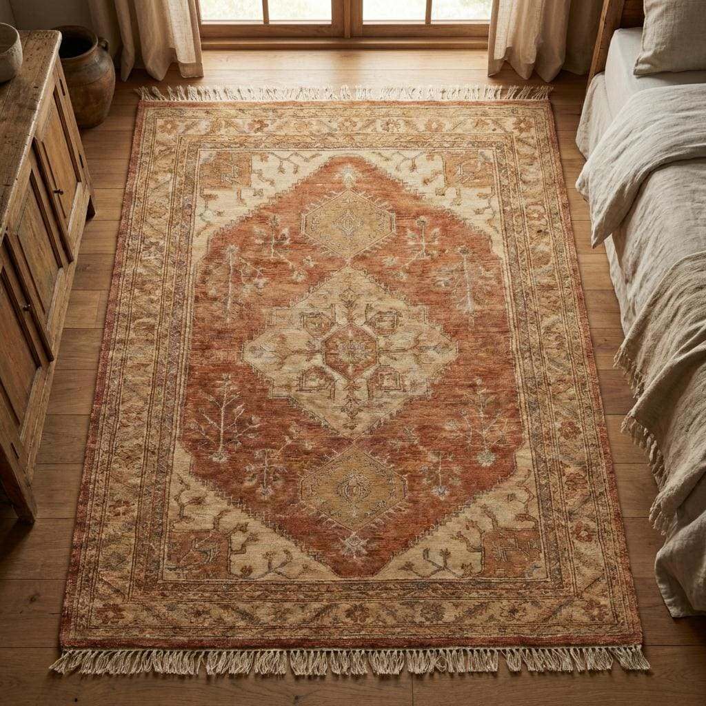Hand Knotted Oushak Rug 8x10, Terracotta Vintage Medallion Wool Area Rug for Living Room, Turkish Style Handmade Carpet __etsy:7731097538