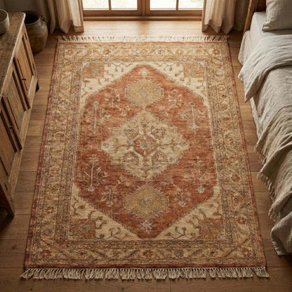 Hand Knotted Oushak Rug 8x10, Terracotta Vintage Medallion Wool Area Rug for Living Room, Turkish Style Handmade Carpet __etsy:7731097538