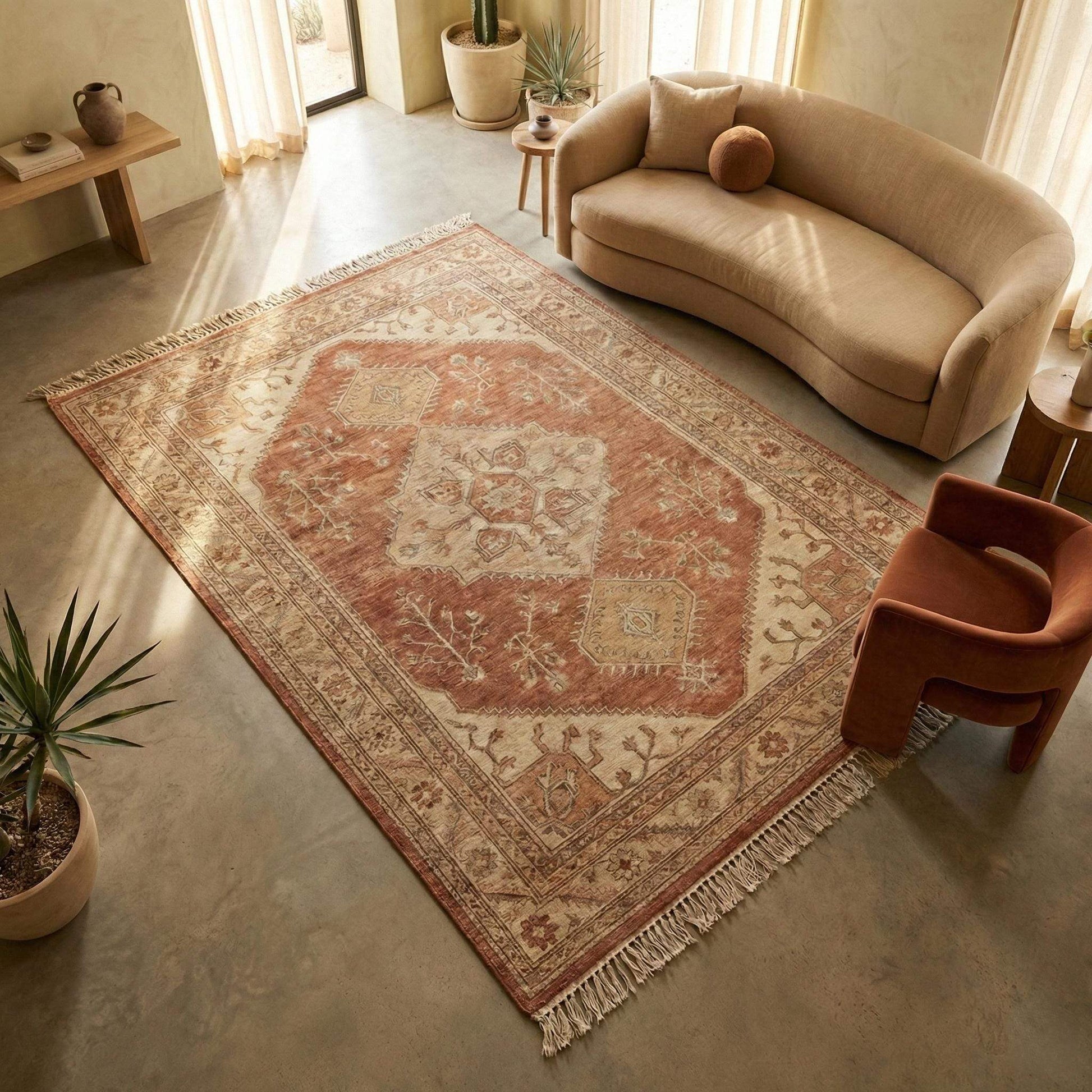 Hand knotted Oushak rug 8x10 in terracotta and beige with vintage medallion design styled in warm neutral living room __etsy:7779045883