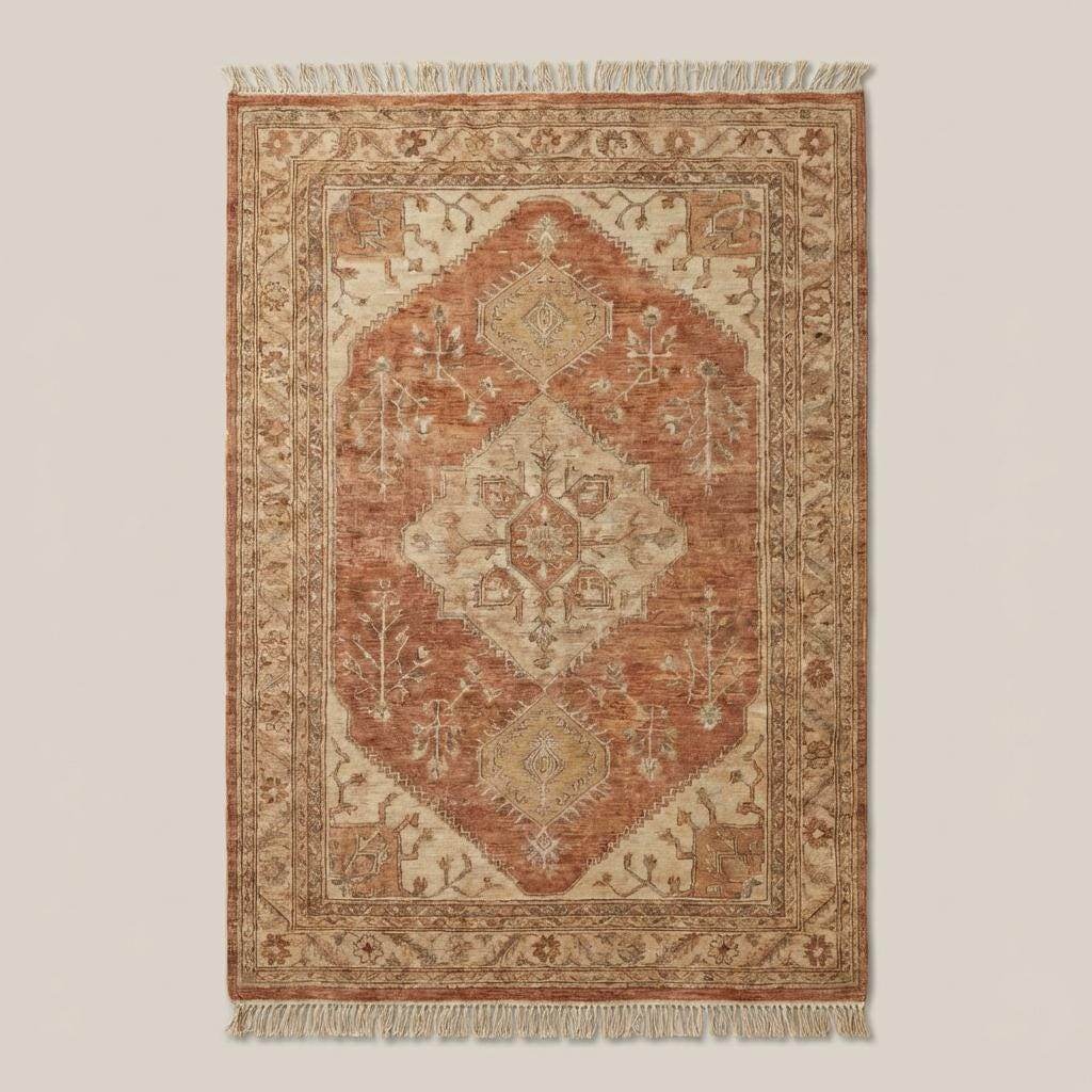 Hand Knotted Oushak Rug 8x10, Terracotta Vintage Medallion Wool Area Rug for Living Room, Turkish Style Handmade Carpet __etsy:7731096848