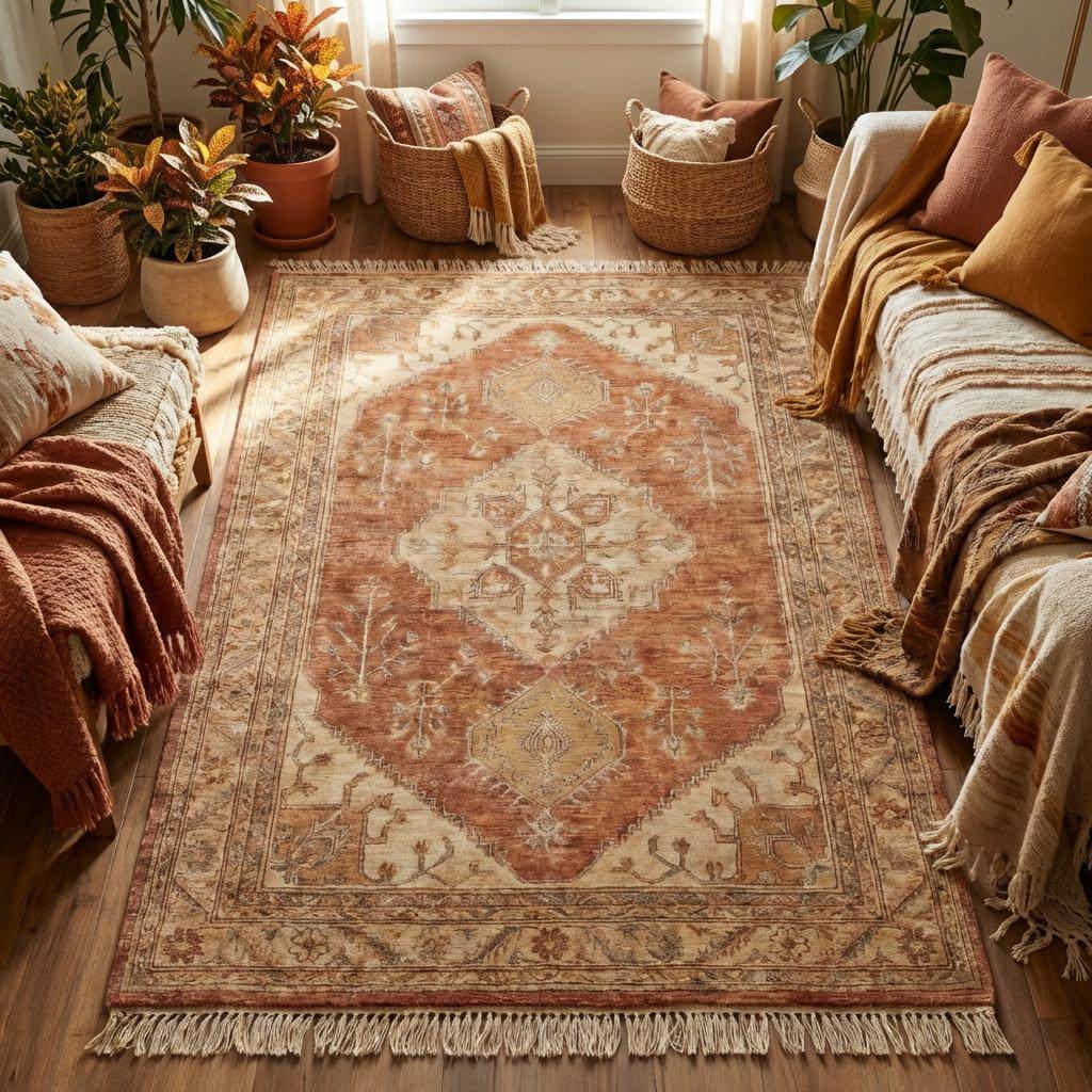 Vintage Turkish style wool area rug with oversized central medallion and floral border in earthy rust and ivory palette __etsy:7779044713