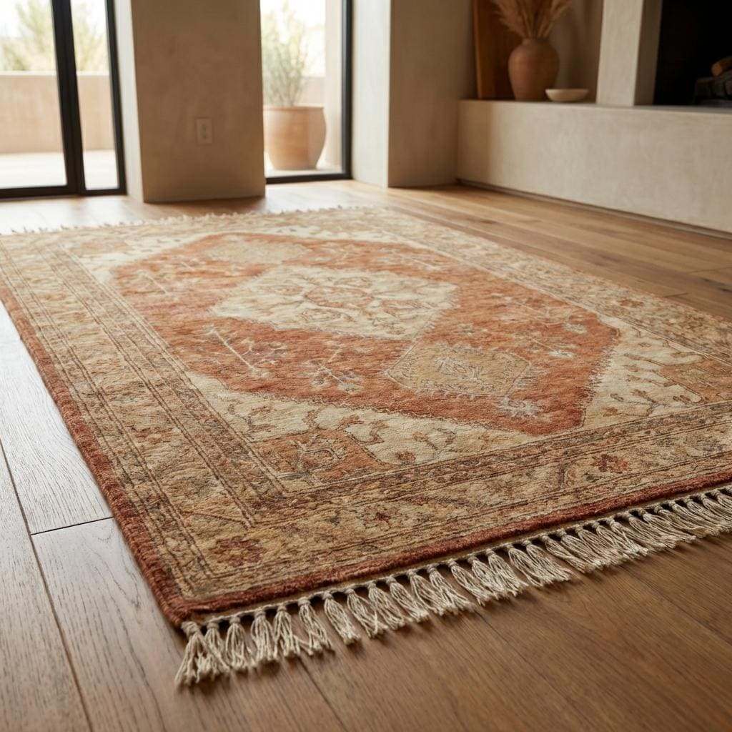 Large terracotta hand knotted rug placed under curved beige sofa in modern Mediterranean interior __etsy:7731096884