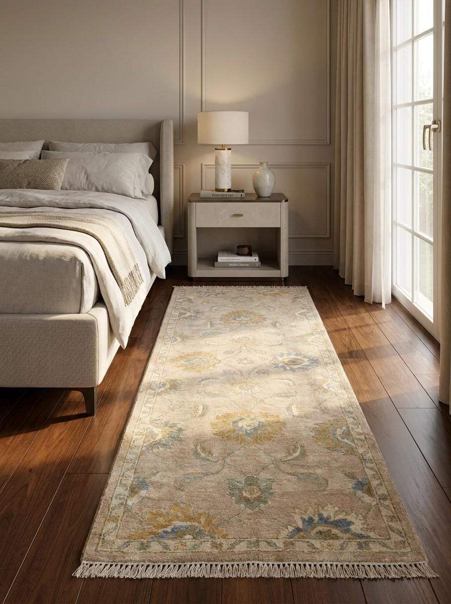Hand Knotted Oushak Runner Rug, Beige Wool Floral Hallway Carpet __etsy:8091988476