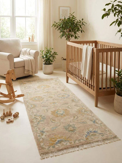 Hand Knotted Oushak Runner Rug, Beige Wool Floral Hallway Carpet __etsy:8091988566
