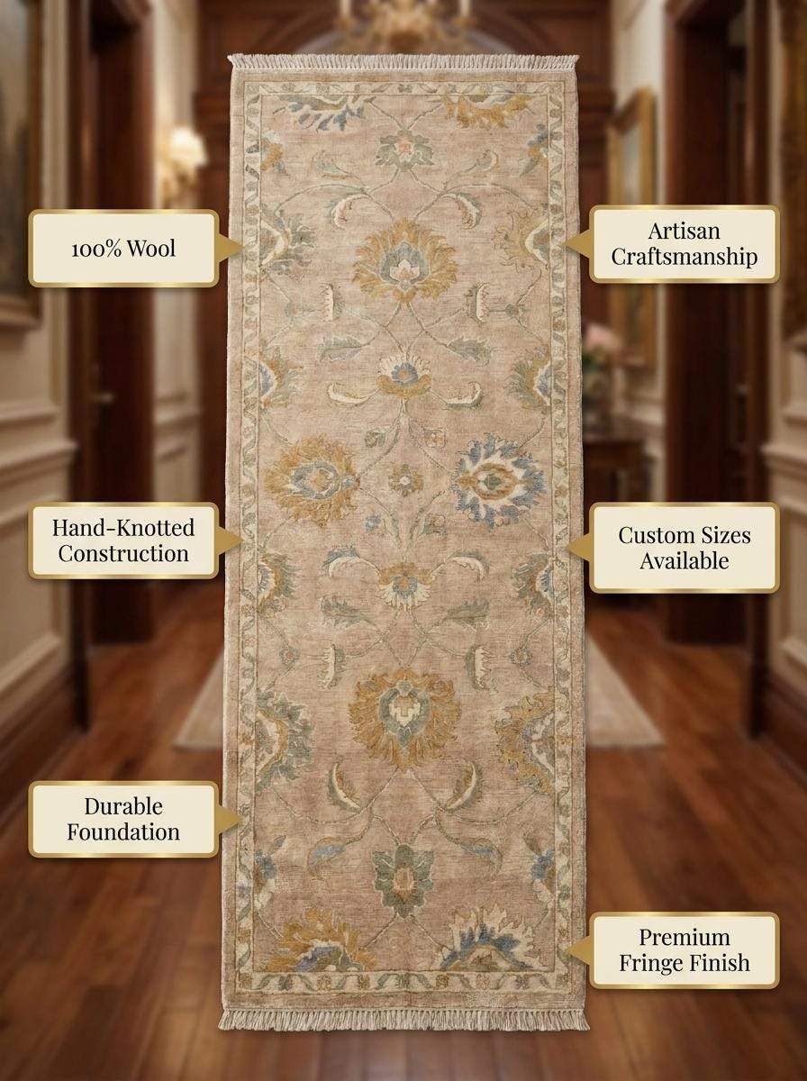 Hand Knotted Oushak Runner Rug, Beige Wool Floral Hallway Carpet __etsy:8139894745