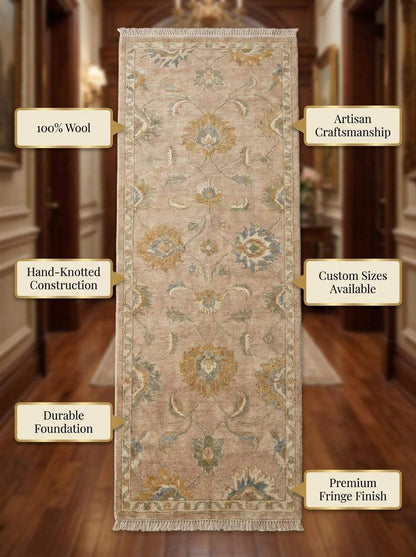 Hand Knotted Oushak Runner Rug, Beige Wool Floral Hallway Carpet __etsy:8139894745