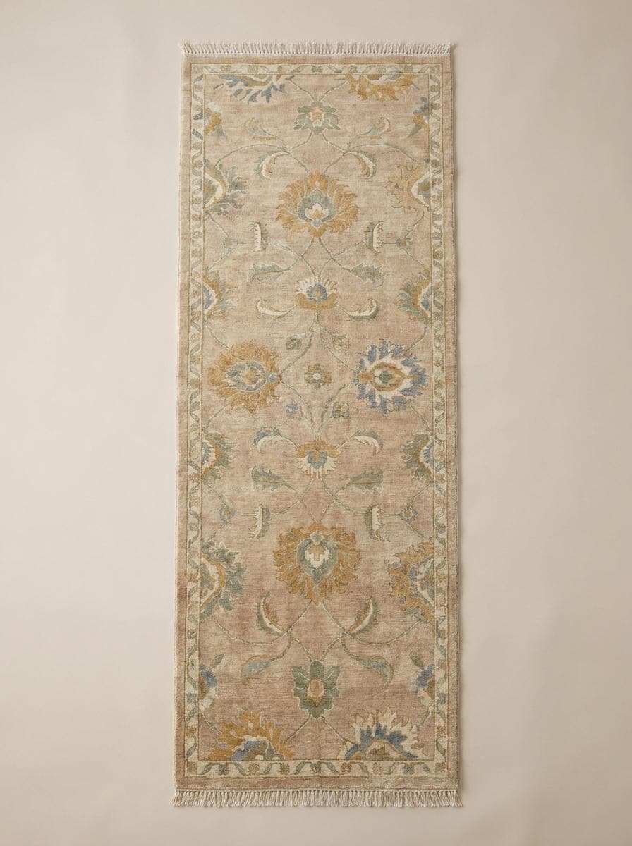 Traditional Oushak wool runner rug featuring botanical floral design and soft neutral colors for farmhouse and cottage interiors __etsy:8139894683