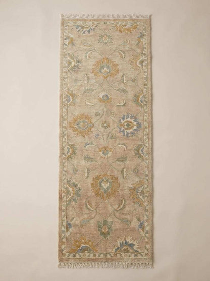 Traditional Oushak wool runner rug featuring botanical floral design and soft neutral colors for farmhouse and cottage interiors __etsy:8139894683