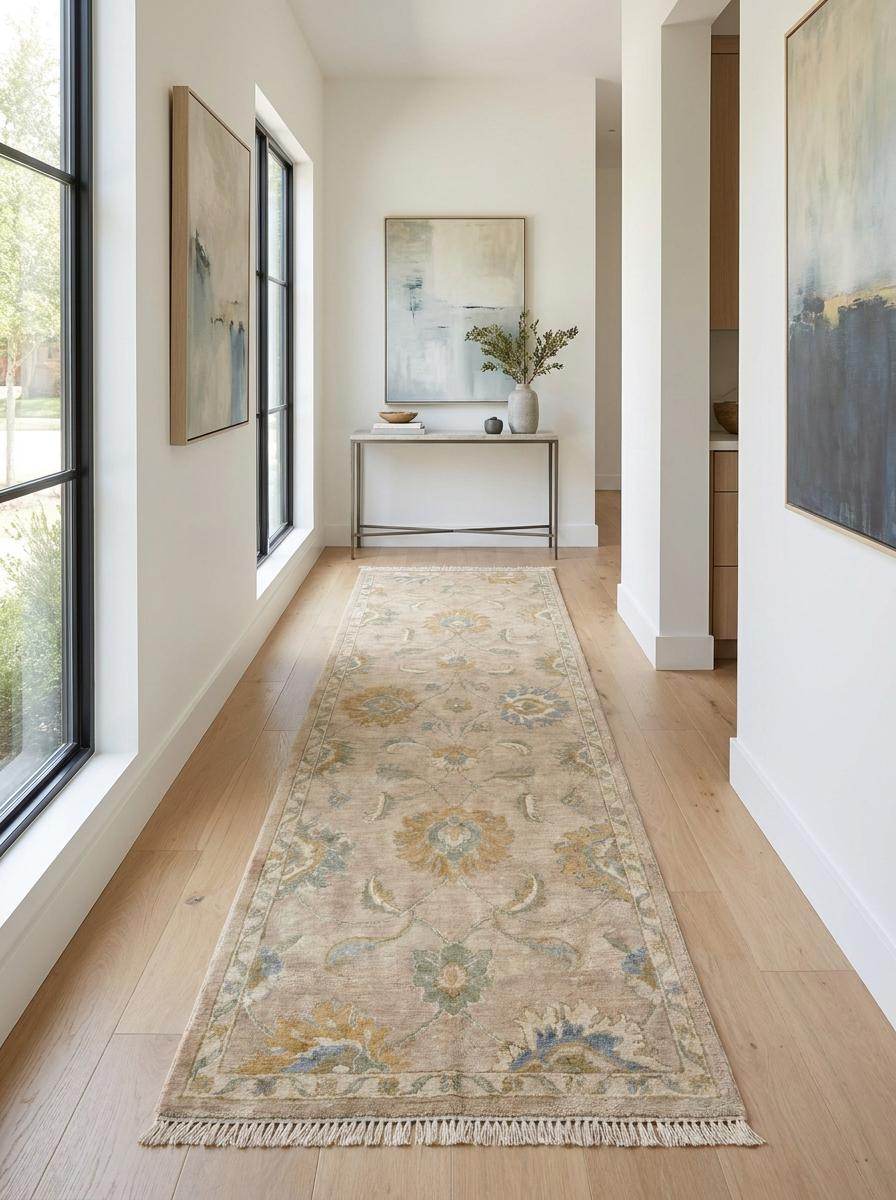 Vintage inspired Turkish style runner rug with ivory border and decorative floral motifs placed on natural stone flooring __etsy:8091988470
