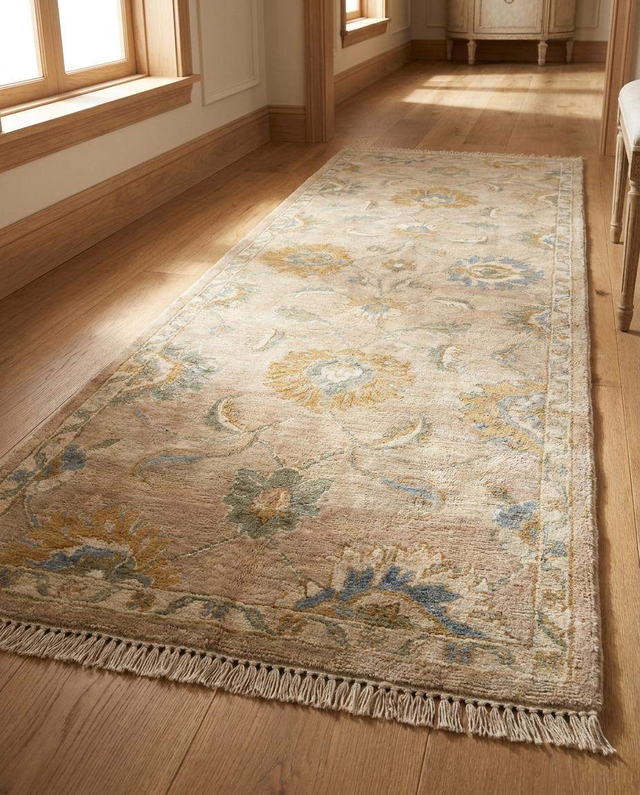 Artisan crafted wool Oushak runner rug with muted blue, gold, and sage accents bringing timeless elegance to home décor __etsy:8139894671