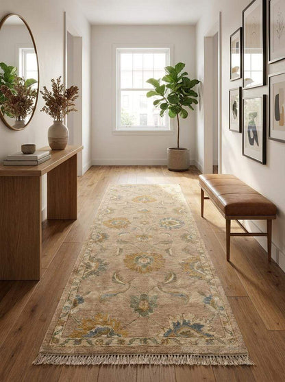 Neutral beige hand knotted hallway runner designed for entryways, kitchens, corridors, and transitional interior spaces __etsy:8139894681