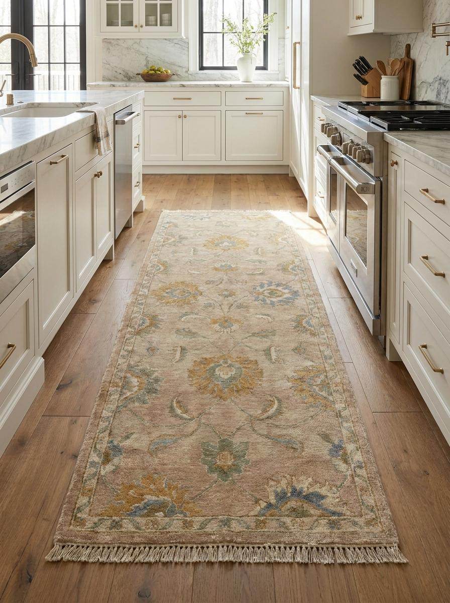 Hand Knotted Oushak Runner Rug, Beige Wool Floral Hallway Carpet __etsy:8091988468