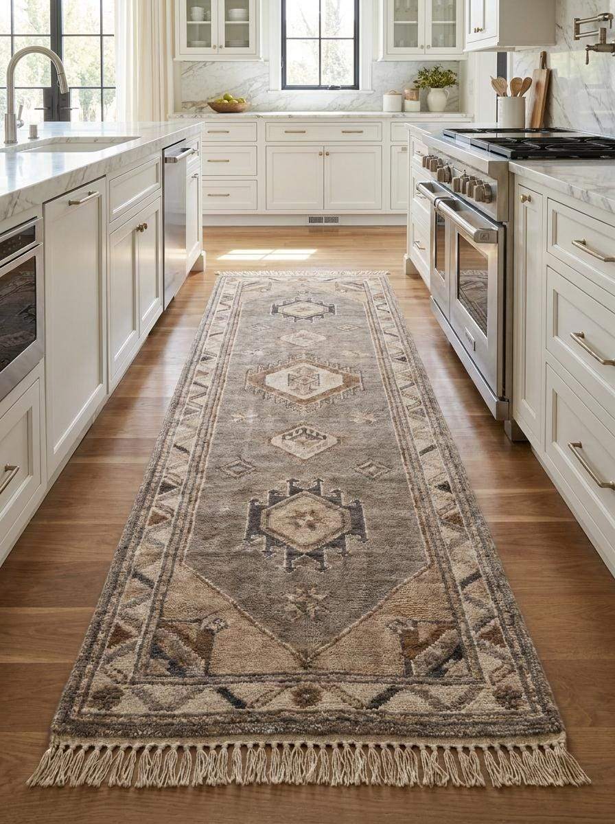 Hand Knotted Oushak Runner Rug, Neutral Tribal Hallway Carpet, Beige Wool Turkish Style Entryway Decor __etsy:8139873747