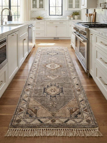 Hand Knotted Oushak Runner Rug, Neutral Tribal Hallway Carpet, Beige Wool Turkish Style Entryway Decor __etsy:8139873747