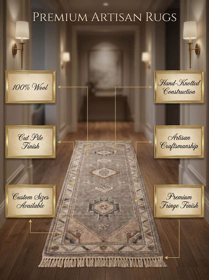 Hand Knotted Oushak Runner Rug, Neutral Tribal Hallway Carpet, Beige Wool Turkish Style Entryway Decor __etsy:8139873785