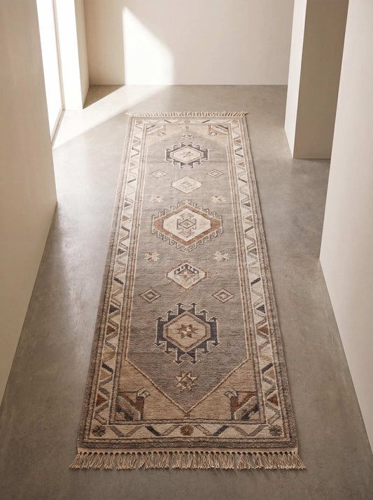 Hand knotted Oushak runner rug featuring neutral beige tones and tribal geometric medallions styled in a modern hallway __etsy:8139874707