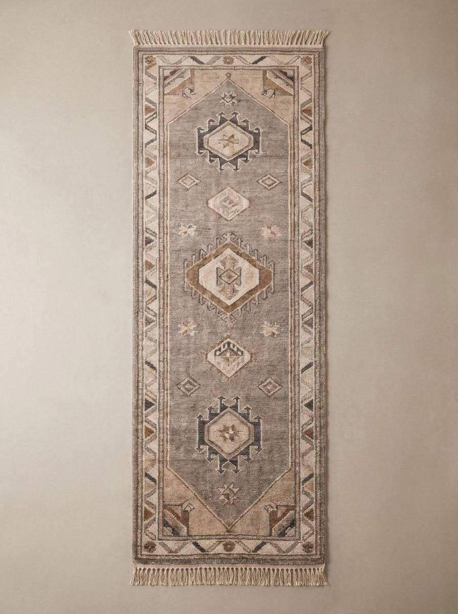 Vintage inspired wool runner rug with geometric tribal motifs and soft neutral colors for hallway and entryway décor __etsy:8091967374