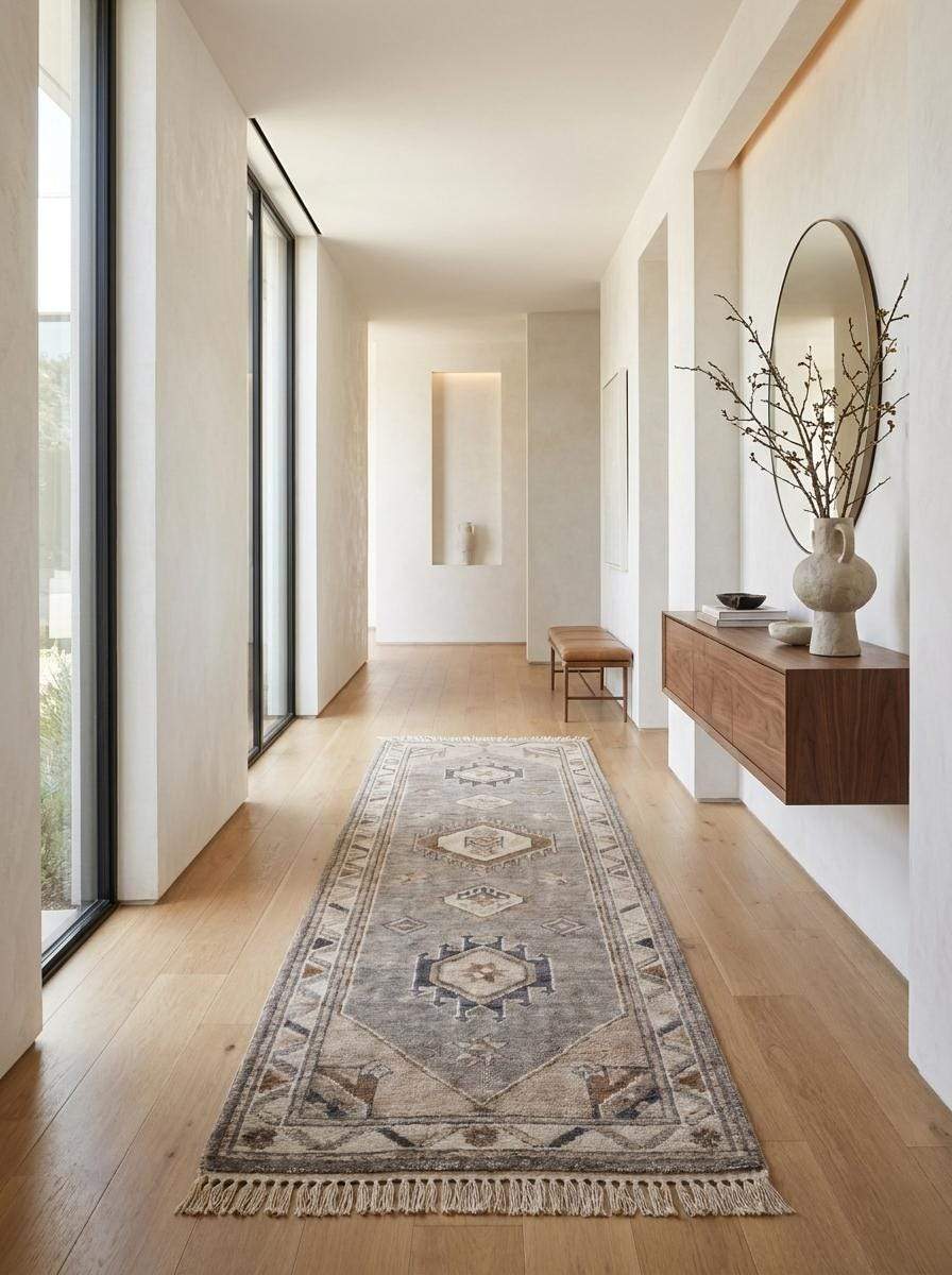 Neutral Oushak style runner carpet with beige, ivory, taupe, and charcoal accents for organic modern interiors __etsy:8139873679