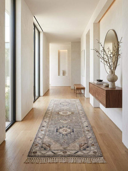 Neutral Oushak style runner carpet with beige, ivory, taupe, and charcoal accents for organic modern interiors __etsy:8139873679