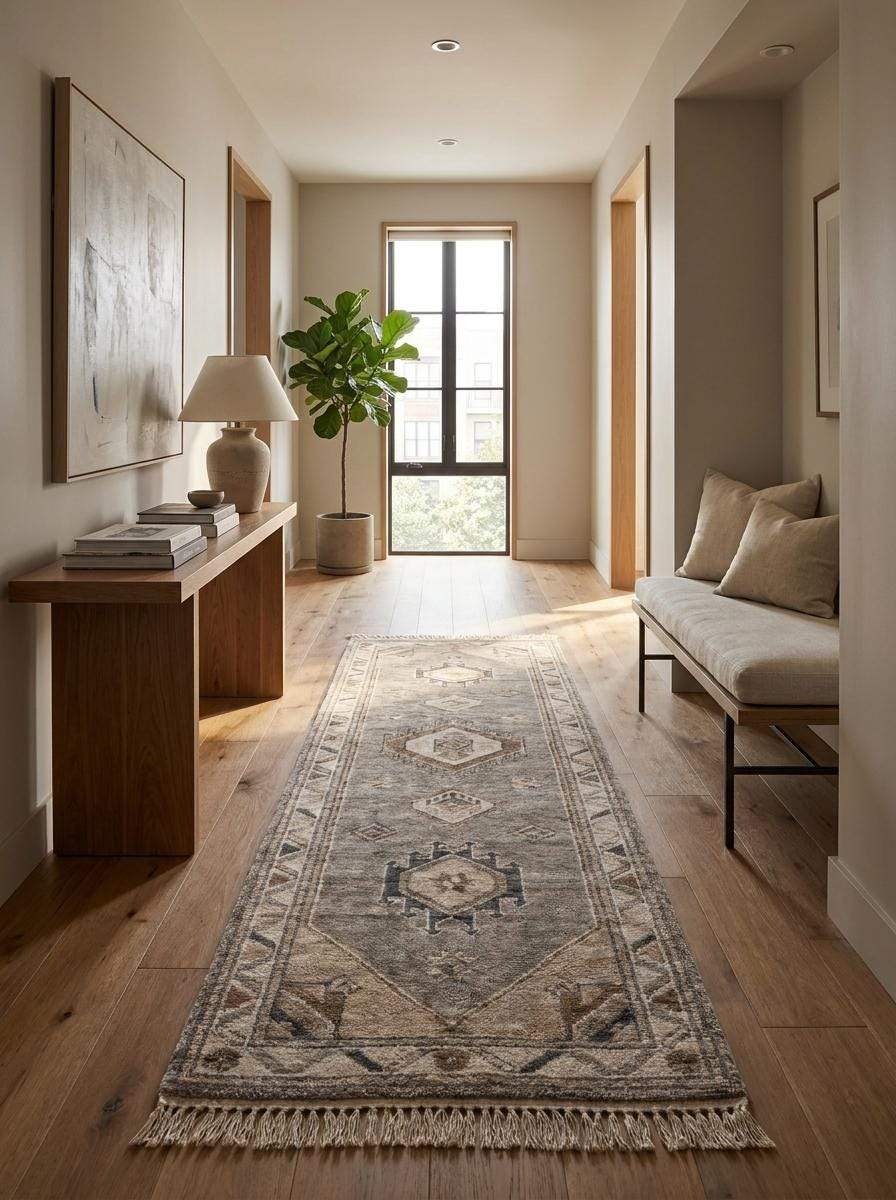 Long hallway runner rug crafted from premium wool with vintage geometric design and timeless neutral palette __etsy:8139873743