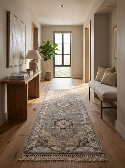 Long hallway runner rug crafted from premium wool with vintage geometric design and timeless neutral palette __etsy:8139873743
