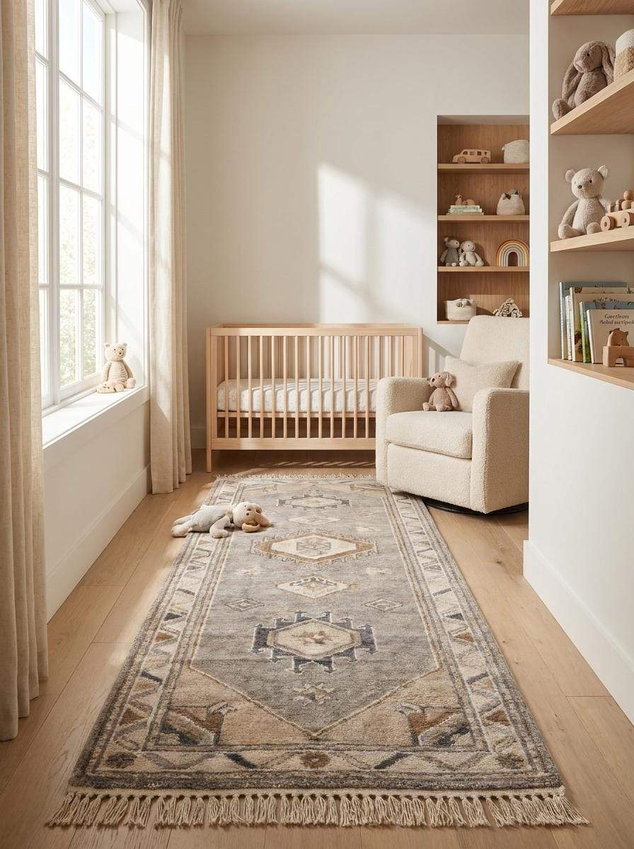 Hand Knotted Oushak Runner Rug, Neutral Tribal Hallway Carpet, Beige Wool Turkish Style Entryway Decor __etsy:8139873787