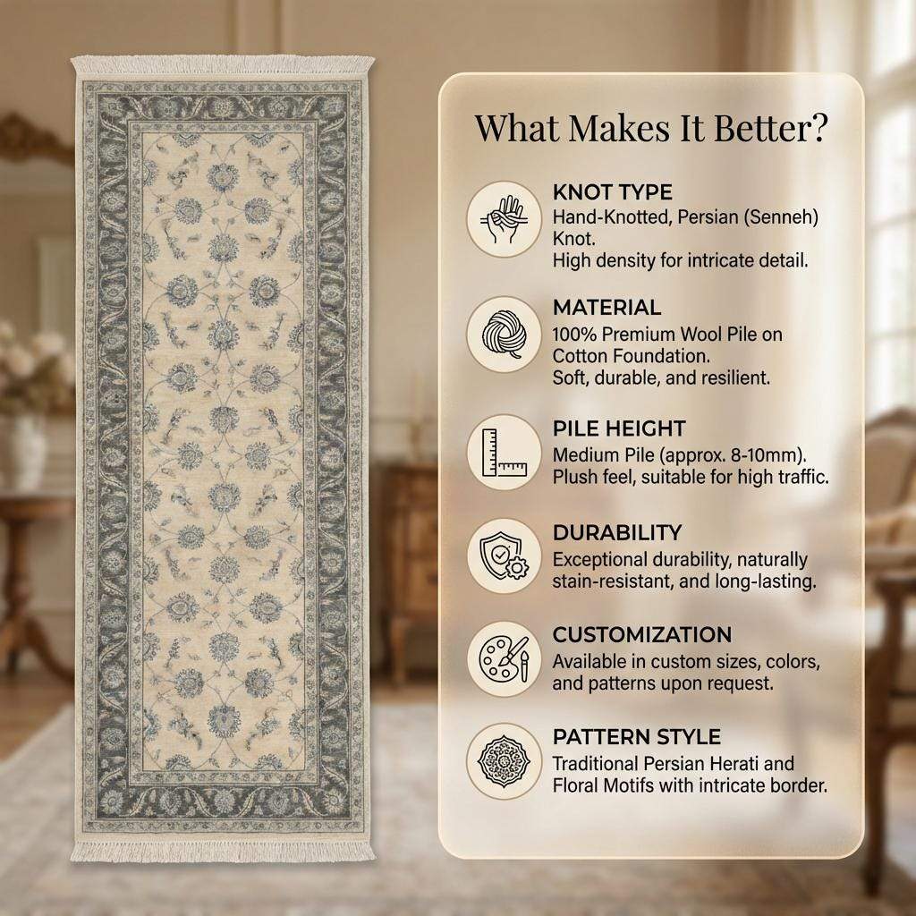 Hand Knotted Oushak Runner Rug, Wool Floral Kitchen Hallway Carpet