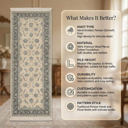 Hand Knotted Oushak Runner Rug, Wool Floral Kitchen Hallway Carpet