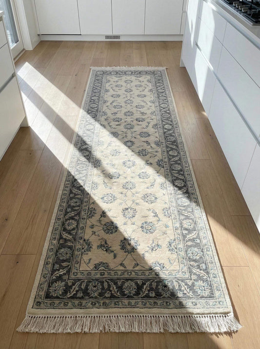Hand Knotted Oushak Runner Rug with wool floral design on ivory background for kitchen and hallway decor
