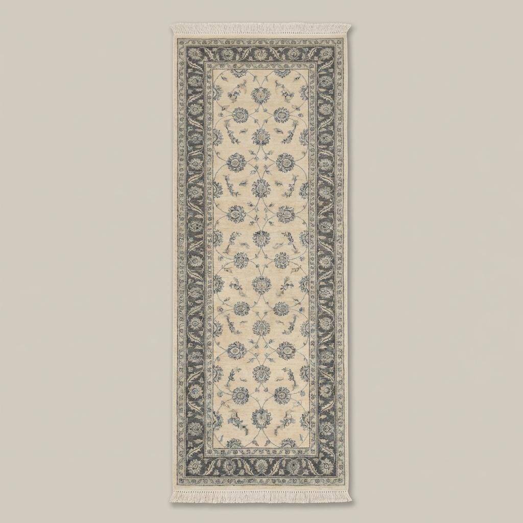 Traditional floral wool runner rug with muted blue border and ivory field