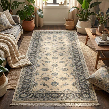 Long narrow hand knotted runner rug styled on light wood flooring