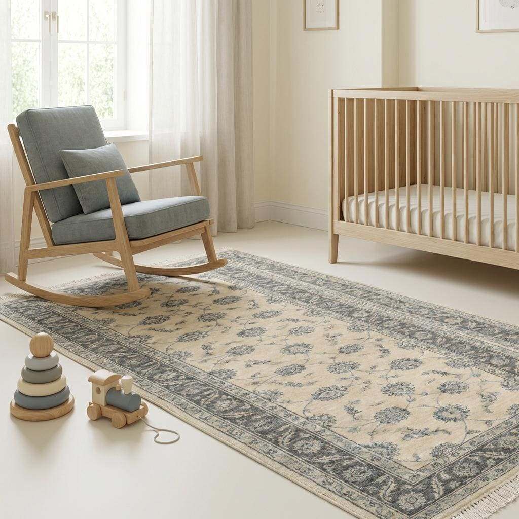 Hand knotted kitchen runner rug with soft neutral tones and timeless pattern