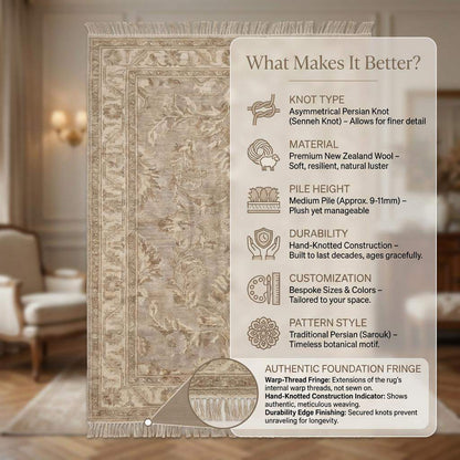 Hand Knotted Oushak Style Rug Neutral Beige Floral Vintage Wool Area Rug Living Room Handmade Persian Inspired Carpet 9x12 , 8x10