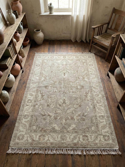 Hand knotted Oushak style wool rug in neutral beige with vintage floral design, handmade Persian-inspired area rug 9x12 and 8x10 sizes