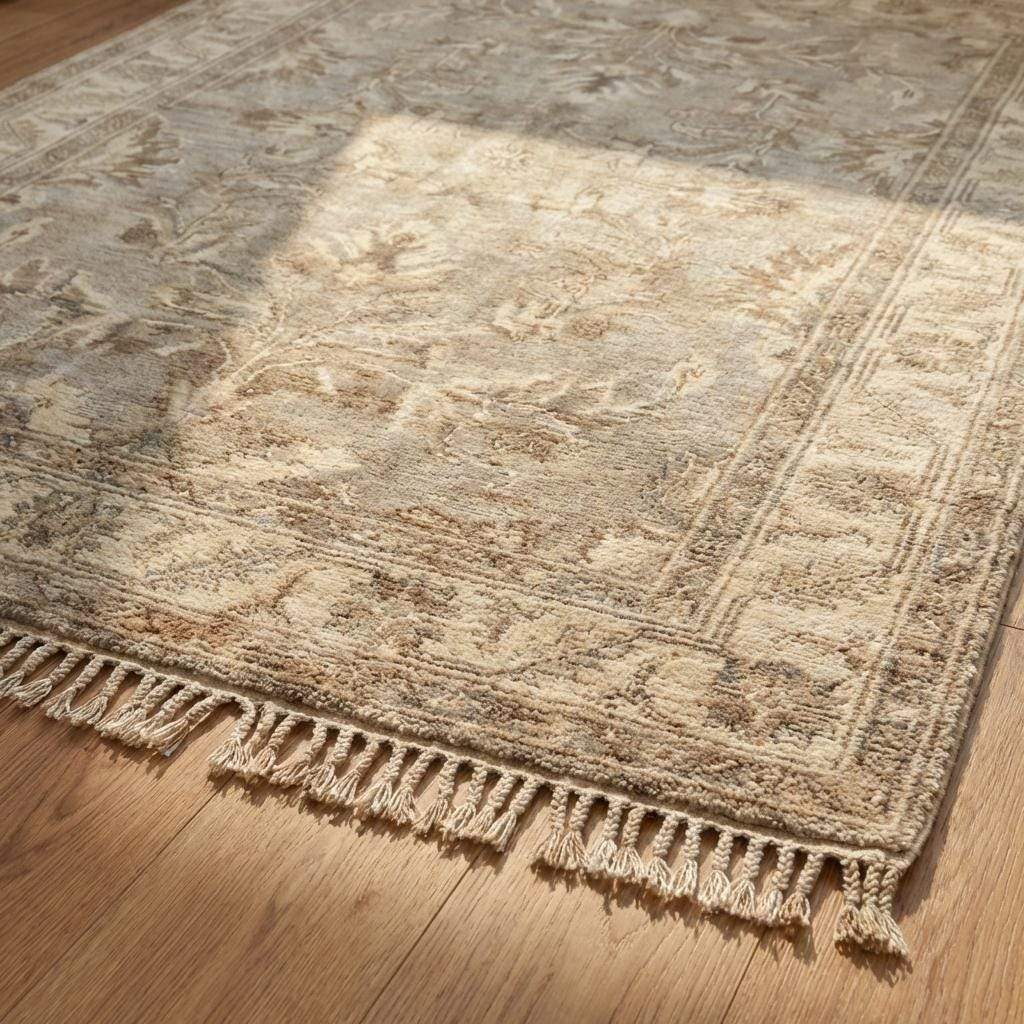 Close-up of dense hand knotted wool pile showing individual knots, natural fiber texture, and subtle tonal variation in beige and taupe