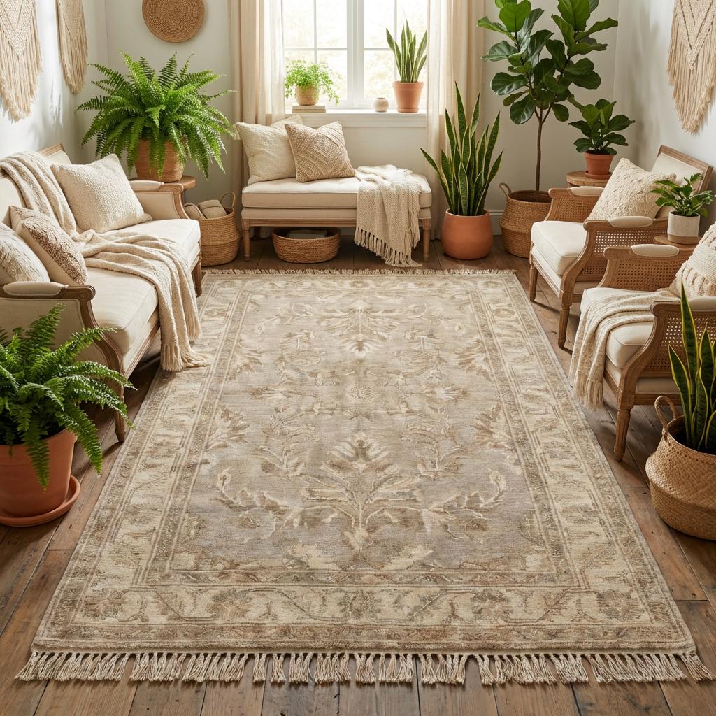 Soft beige handmade wool rug creating calm minimalist interior foundation in sunlit reading corner