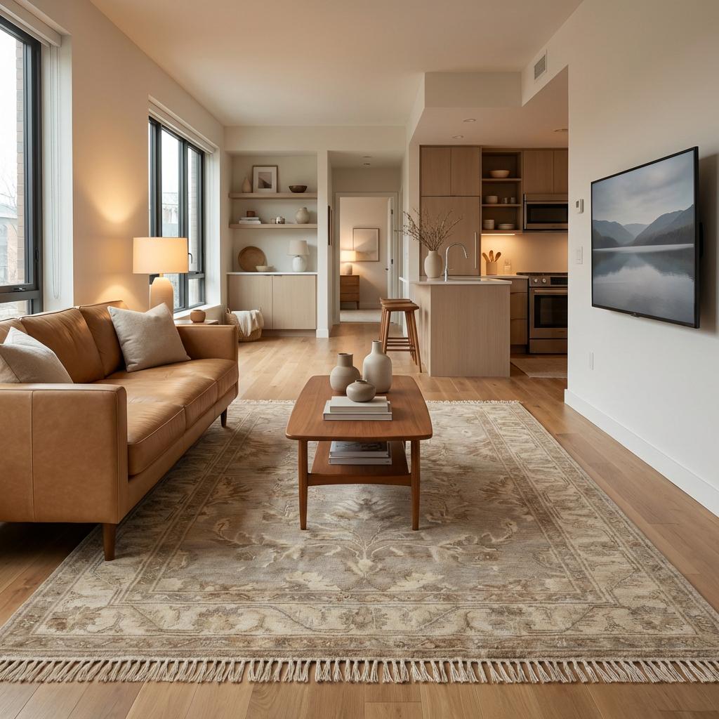 Traditional floral hand knotted area rug suitable for living room, bedroom, or dining space with timeless neutral palette